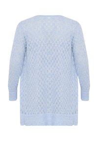 Hellblauer gestrickter Cardigan mit einem Rautenmuster aus Spitzen, langen Ärmeln sowie gerippten Bündchen und Saum für Struktur und Komfort.