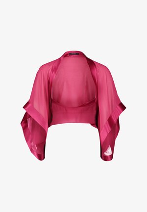Kort kimono-stil jakke i pink lavet af gennemskinneligt stof med brede, svævende ærmer og en glat satinfinish langs kanterne.
