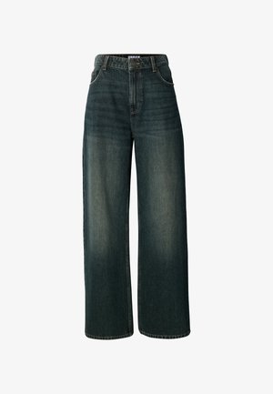 Wide-leg jeans in dark blue denim. Features a high waist, front pockets, and subtle light fading. Stitching is visible along the edges.