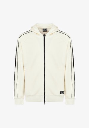 Weiße Zip-Hoodie mit schwarzen Seitenstreifen, Kordelzugkapuze und Logo-Patch. Weiches Material und gerippte Bündchen und Saum.