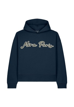 Donkerblauwe hoodie met lange mouwen en "Mira Paris" in witte cursieve letters over de borst geschreven.