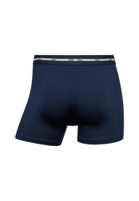 Navy blue men's boxer shorts made from stretch fabric, featuring a comfortable black waistband with gray logo detailing and a smooth finish.