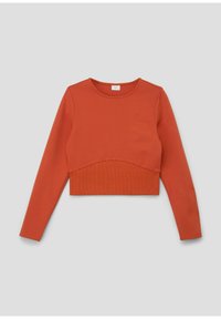 Korte lange mouw top in gebrand oranjerood. Vloeibare stof met een geribbelde textuur aan de zoom. Ronde halslijn en subtiele naaddetails.