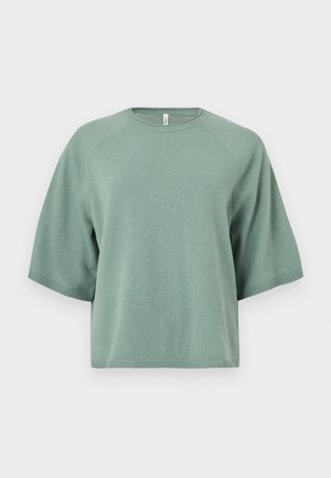 Pull en tricot vert clair à manches courtes avec un col rond et des manches raglan. Texture lisse, ourlet côtelé, coupe décontractée, design minimaliste.