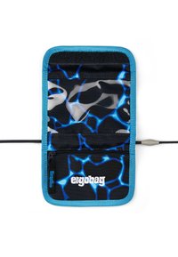 Ergobag accessory pouch in black fabric featuring blue water-like patterns, turquoise trim, a zippered pocket, and cord openings.