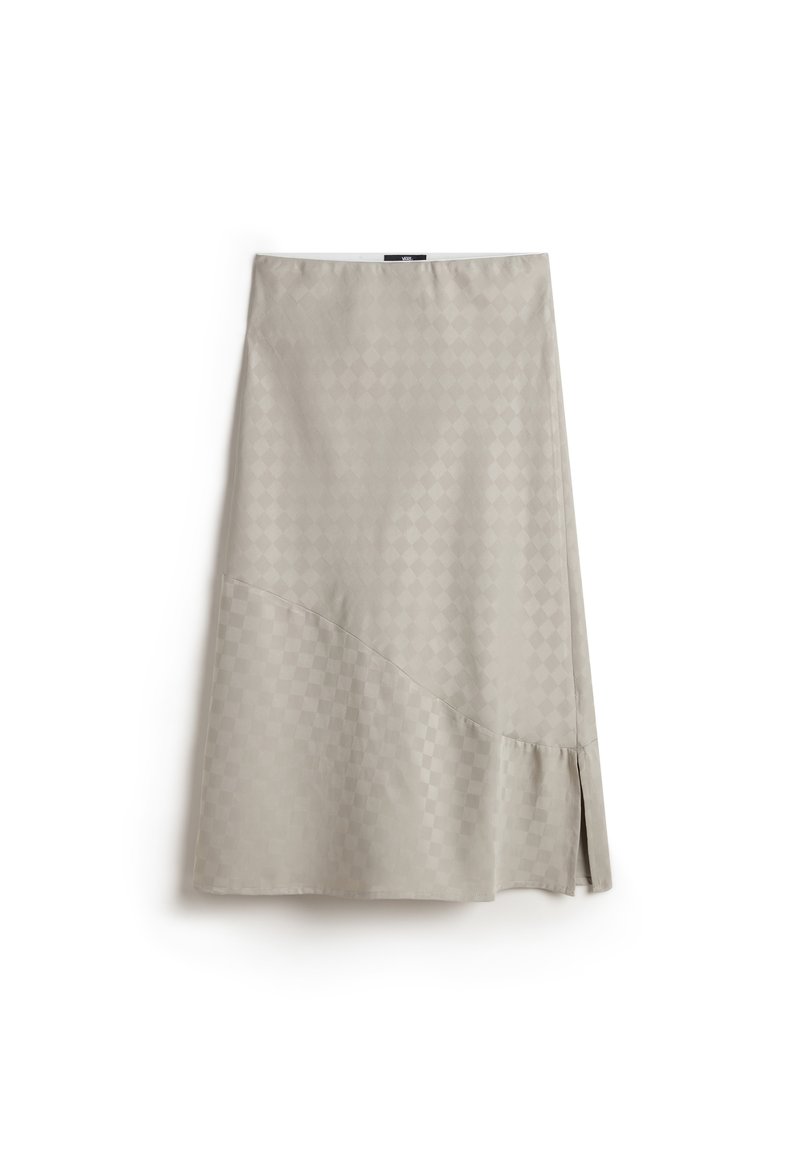 Falda A-line gris claro en una tela texturizada con un patrón geométrico, que presenta una abertura lateral y un sutil detalle de volantes en el dobladillo.