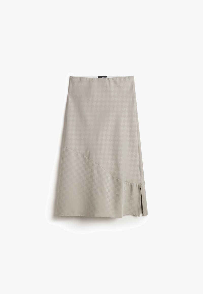 Světle šedá áčková sukně zTexturované tkaniny s geometrickým vzorem, s bočním rozparkem a jemným volánem na lemu.