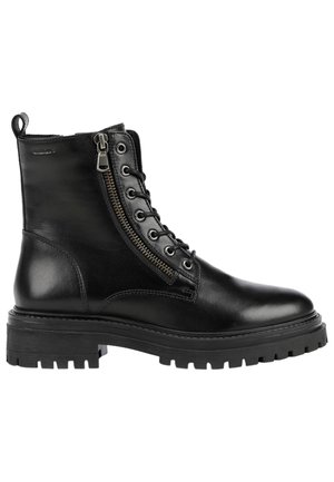 Black leather ankle boot with a rounded toe, lace-up front, side zipper, and ribbed rubber sole for traction. Features a smooth, textured finish.