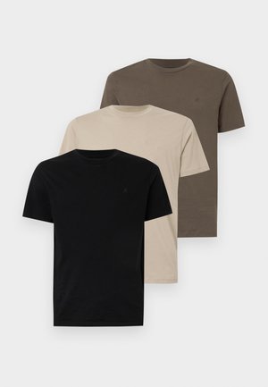 Kolme lyhythihaista T-paitaa: musta, beige ja ruskea. Valmistettu puuvillasta, jossa on pyöreä pääntie ja huomaamaton logo rinnassa. Sujuva tekstuuri.