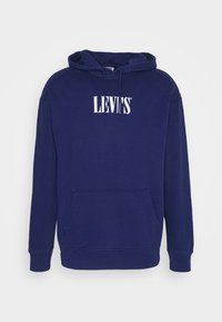 Felpa blu navy in cotone con tasca anteriore a marsupio, cappuccio con cordino regolabile e logo bianco "LEVI'S" sul petto.