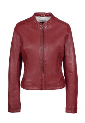 Rote Lederjacke mit tailliertem Design, rundem Kragen, durchgehendem Reißverschluss und langen Ärmeln. Glatte Textur, minimale Nähdetails.