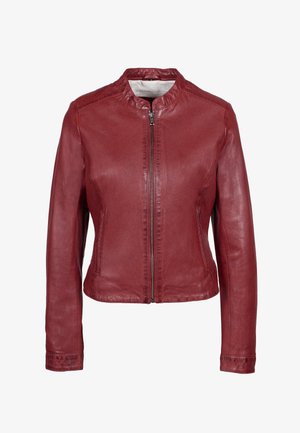Rote Lederjacke mit tailliertem Design, rundem Kragen, durchgehendem Reißverschluss und langen Ärmeln. Glatte Textur, minimale Nähdetails.