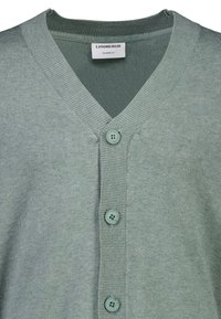 Jasnozielony kardigan z dekoltem w serek, prążkowanym kołnierzem i pięcioma guzikami. Charakteryzuje się miękkim, fakturowanym materiałem oraz luźnym fasonem.