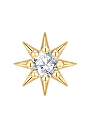 Une broche en forme d'éclat d'or présente une pierre précieuse centrale transparente entourée de pointes alternées et d'accents ronds, créant un design dynamique.