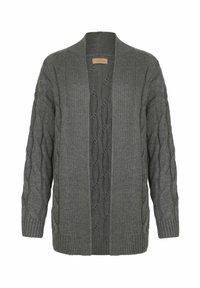 Grå stickad cardigan med en texturerad kabelmönster, öppen fram, långa ärmar samt ribbade muddar och nederkant. Mjuk, tjockt tyg.