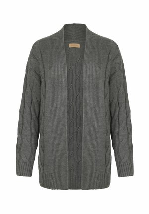 Grijze gebreide cardigan met een textuur kabelpatroon, open voorkant, lange mouwen en geribde manchetten en zoom. Zacht, chunky materiaal.