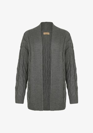 Gray knitted cardigan with a textured cable pattern, open front, long sleeves, and ribbed cuffs and hem. Soft, chunky fabric.