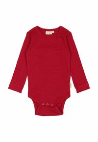 Body rosso a maniche lunghe realizzato in materiale a costine, con bottoni a pressione sul fondo e un'etichetta piccola sul lato.