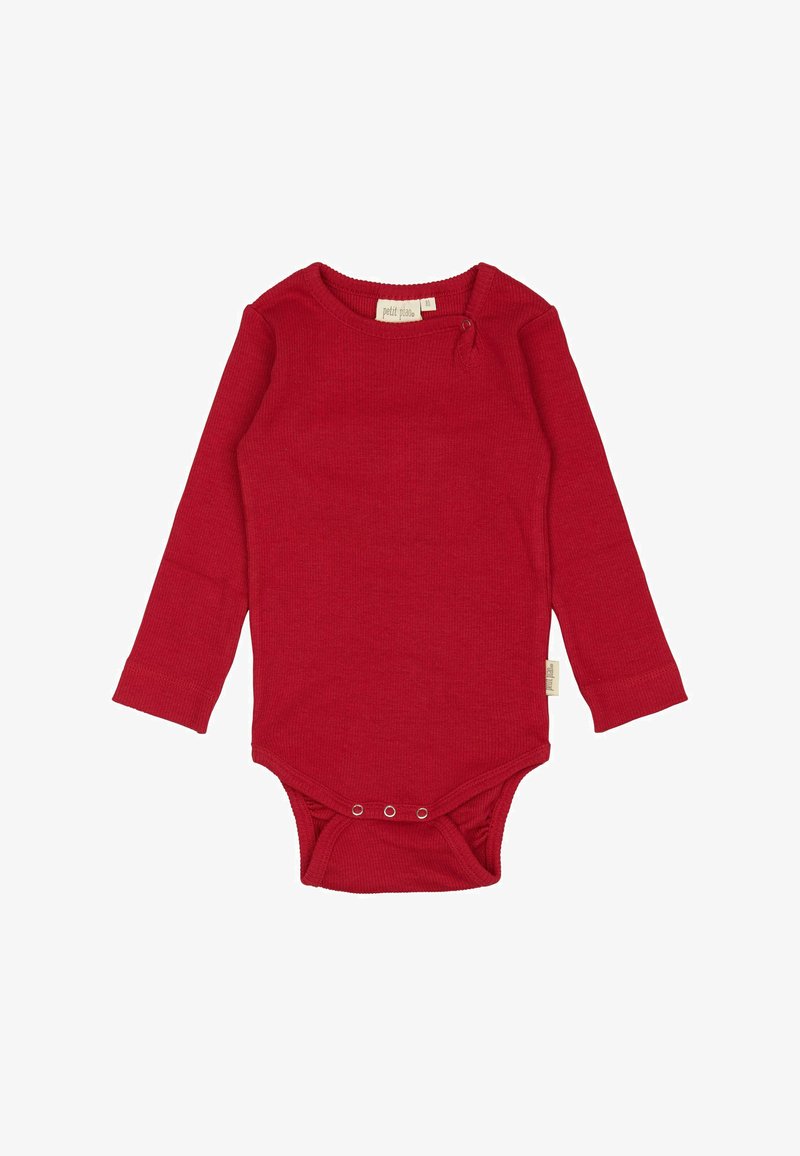Body rosso a maniche lunghe realizzato in materiale a costine, con bottoni a pressione sul fondo e un'etichetta piccola sul lato.