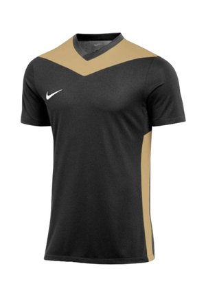 Sort sportstrøje med korte ærmer med beige chevron hen over bryst og skuldre, beige sidepaneler og hvid Nike-logo på højre bryst.