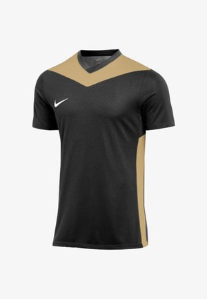 Sort sportstrøje med korte ærmer med beige chevron hen over bryst og skuldre, beige sidepaneler og hvid Nike-logo på højre bryst.