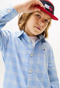 Camicia a scacchi blu chiaro con linee bianche, colletto button-down e piccolo logo. Tessuto morbido con una vestibilità rilassata, indossata con un cappellino rosso e nero.