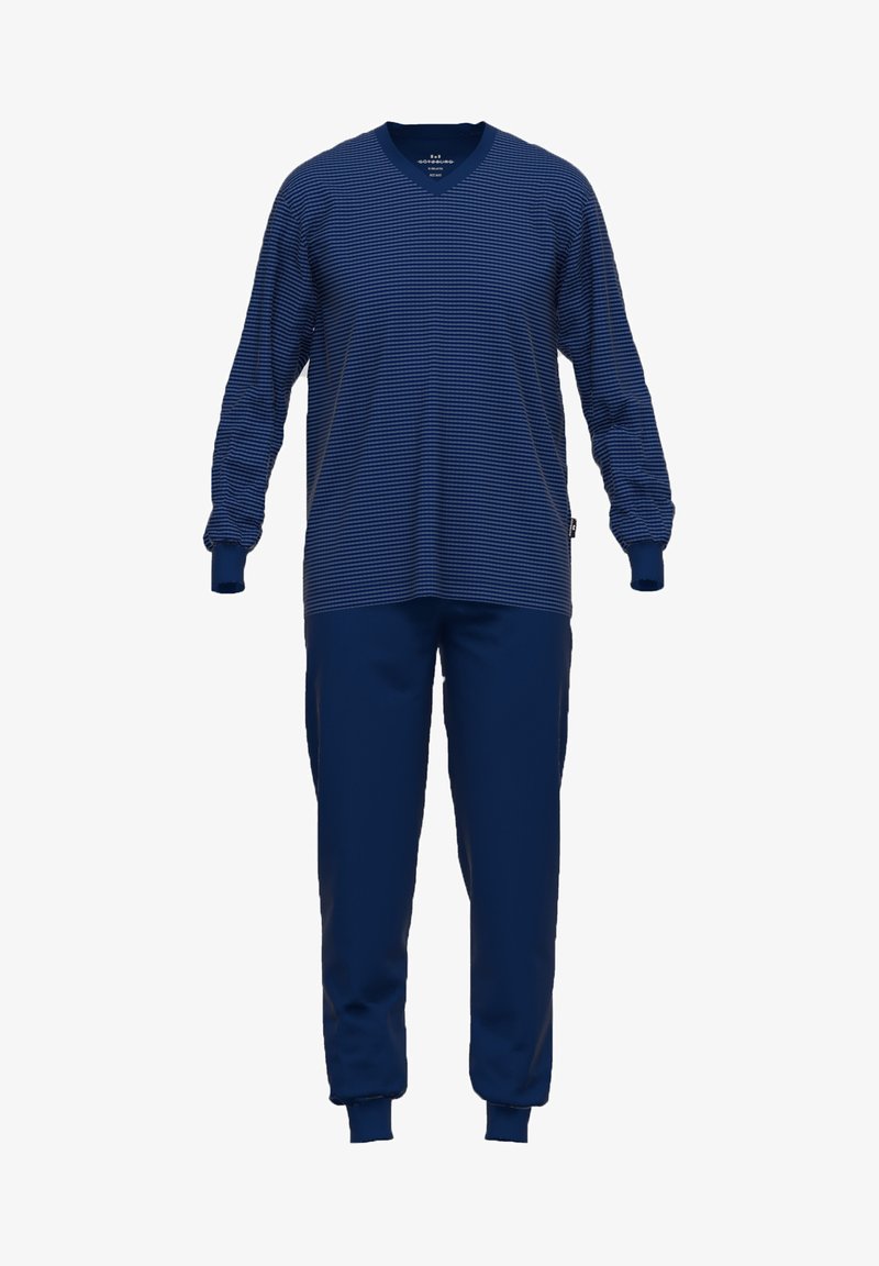 Navyblaues Loungewear-Set mit gestreiftem, langärmligem V-Ausschnitt-Oberteil und passenden Hosen mit elastischen Bündchen und Seiten Taschen.
