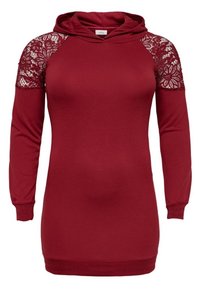 Burgundowy hoodie z długimi rękawami, koronkowym akcentem na ramionach, dopasowany kształt, miękka tkanina i kaptur ze sznurkiem.