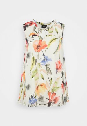 Top senza maniche floreale con scollatura rotonda, caratterizzato da uno sfondo bianco e da fiori colorati ad acquerello in rosso, blu e giallo.