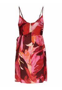 Abito floreale rosso e rosa con spalline sottili, caratterizzato da un design a patchwork di tonalità e texture variabili. Tessuto morbido e fluido.