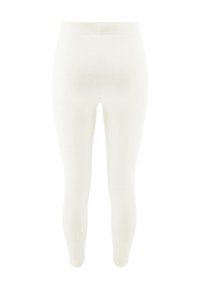 Białe prążkowane legginsy o dopasowanym kroju i gładkiej fakturze. Posiadają wysoki stan, co zapewnia komfort i wszechstronność w stylizacji.