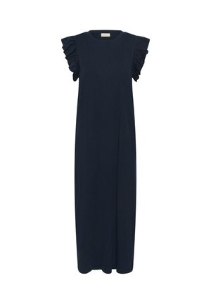 Ujjatlan tengerészkék maxi ruha fodros vállrésszel és kerek nyakkivágással, fehér háttéren bemutatva.