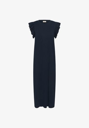 Robe longue bleu marine sans manches avec épaules à volants et encolure ronde, présentée sur un fond blanc.