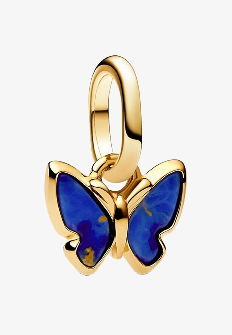 Charm en forme de papillon en ton or avec des ailes en émail bleu, arborant une finition brillante et une boucle de connexion pour l'attache. Détail remarquable : accents dorés.