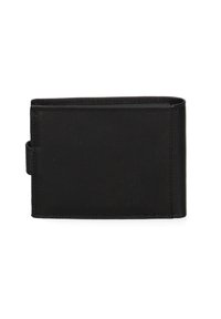 Portafoglio in pelle nera con una texture liscia, design a due pieghe e cuciture visibili. Presenta una fascia laterale per una chiusura sicura.