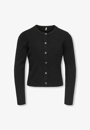 Mustast soonikangast kootud kampsun ümara kaelusega, pikkade varrukatega ja seitsme nupuga ees. Sile pind, keha järgiv lõige.