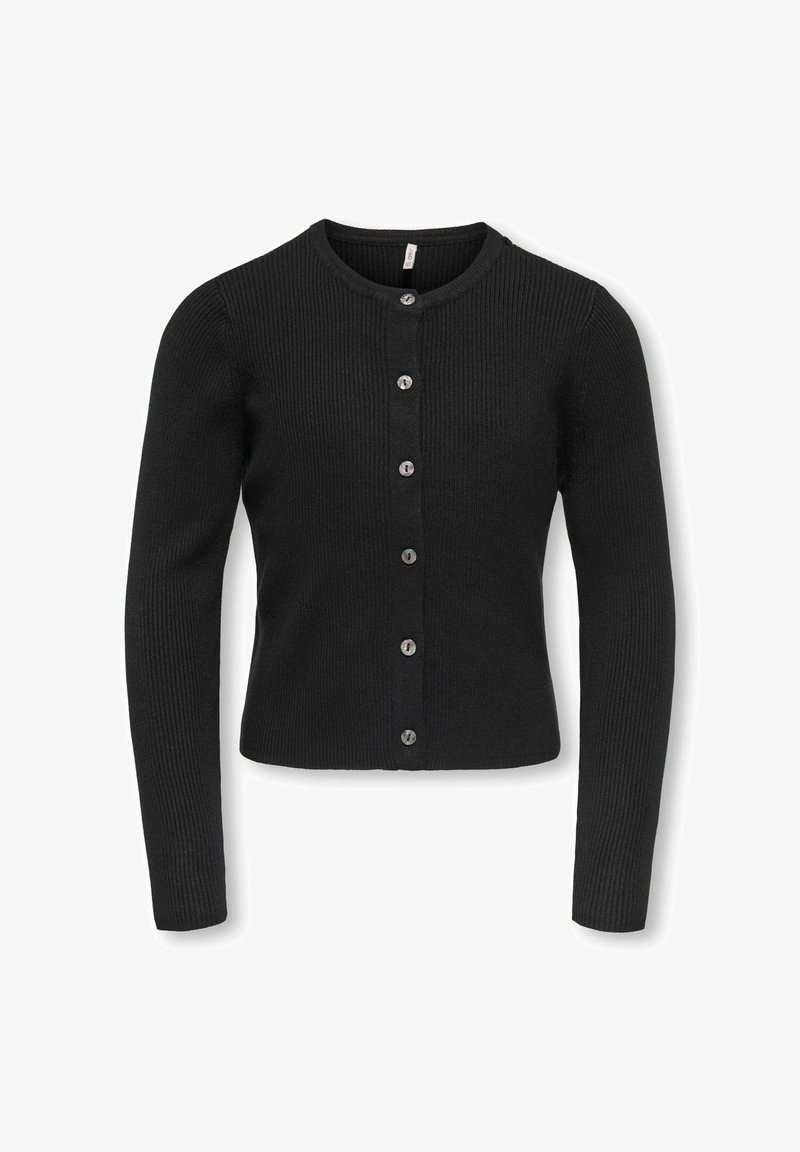 Mustast soonikangast kootud kampsun ümara kaelusega, pikkade varrukatega ja seitsme nupuga ees. Sile pind, keha järgiv lõige.