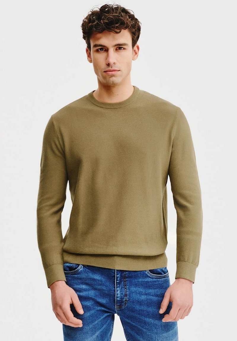 Oliwkowy sweter wykonany na drutach z okrągłym dekoltem, długimi rękawami i ściągaczami, zestawiony z niebieskimi dżinsami. Gładka faktura, prosty design.