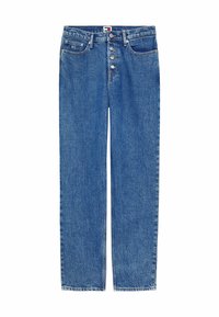 Jeans din denim de un albastru deschis, cu o croială dreaptă, având talie înaltă, cinci buzunare, cusături vizibile și închidere cu nasture.