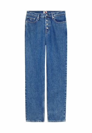 Světle modré džíny z denimu se střihem rovného nohavice, vysokým pasem, pěti kapsami, viditelným prošíváním a zapínáním na knoflík.