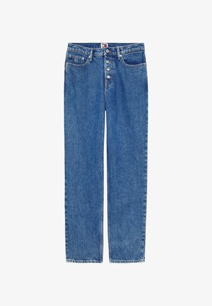 Jeans din denim de un albastru deschis, cu o croială dreaptă, având talie înaltă, cinci buzunare, cusături vizibile și închidere cu nasture.