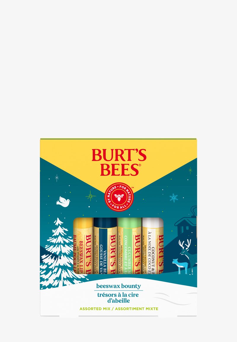 Set of five Burt’s Bees lip balms in assorted flavors, displayed in holiday-themed packaging with snowy trees, a dove, and deer illustrations.