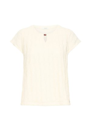 Cremefarbenes, kurzärmeliges Stricktop mit dezentem Zopfmuster, rundem Halsausschnitt und kleinem Schlüsselloch-Knopfdetail in der vorderen Mitte.