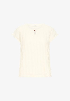 Cremefarbenes, kurzärmeliges Stricktop mit dezentem Zopfmuster, rundem Halsausschnitt und kleinem Schlüsselloch-Knopfdetail in der vorderen Mitte.