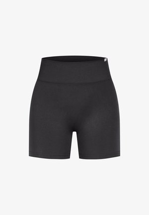 Pantaloni neri realizzati in tessuto elastico, con una cintura ampia a coste e una superficie liscia, senza decorazioni.