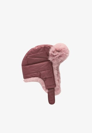 Cappello trapper imbottito di colore bordeaux con morbida fodera in pelliccia sintetica rosa e pon-pon. Presenta alette per le orecchie e una cinghia per il mento per una vestibilità sicura.
