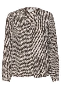 Blusa a righe marroni e bianche con scollatura a V, maniche lunghe e vestibilità ampia. Presenta un design geometrico testurizzato su tutta la stoffa.
