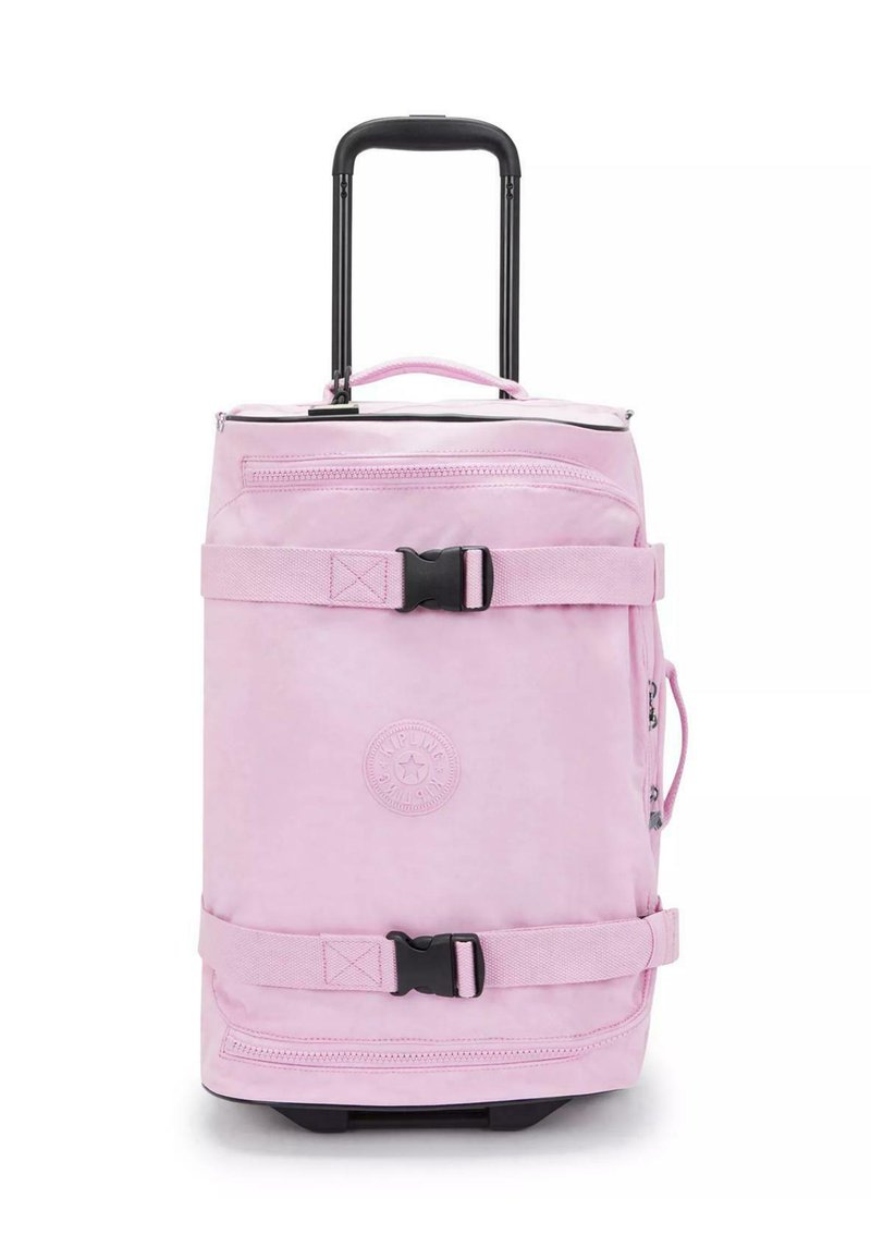 Borsone rosa con manico telescopico nero, tasche con cerniera, spallacci regolabili e logo circolare sul davanti.