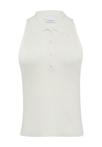 Rippierter, ärmelloser Poloshirt in Off-White, mit einem spitzen Kragen und Knopfleiste auf der Vorderseite. Glatte Textur, figurbetontes Design.