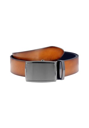 Brown leather belt with a smooth finish, featuring a rectangular metallic buckle in a polished silver tone.